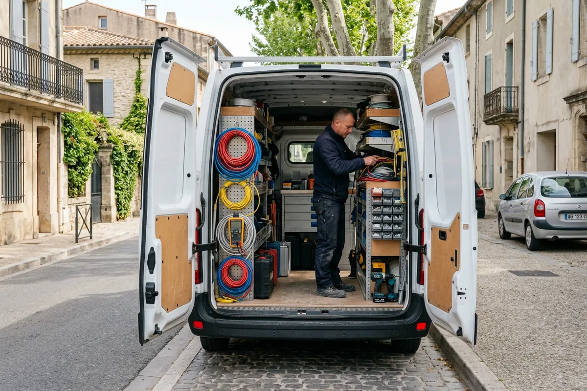Véhicule d'artisan équipé pour l'installation borne de recharge et wallbox à Ailly. Véhicule d'artisan équipé pour l'installation borne de recharge et wallbox à Ailly.
