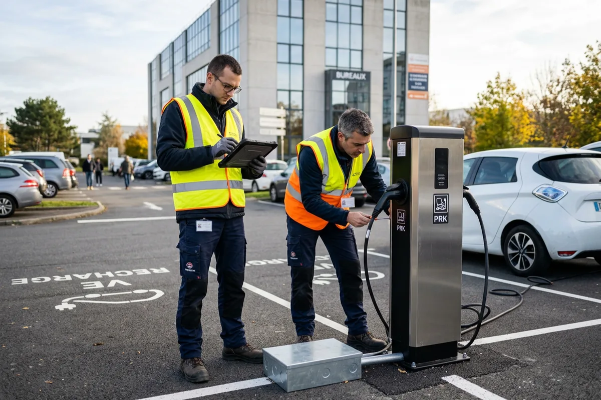 Équipe professionnelle préparant le projet d'installation borne de recharge en entreprise dans la Dordogne.