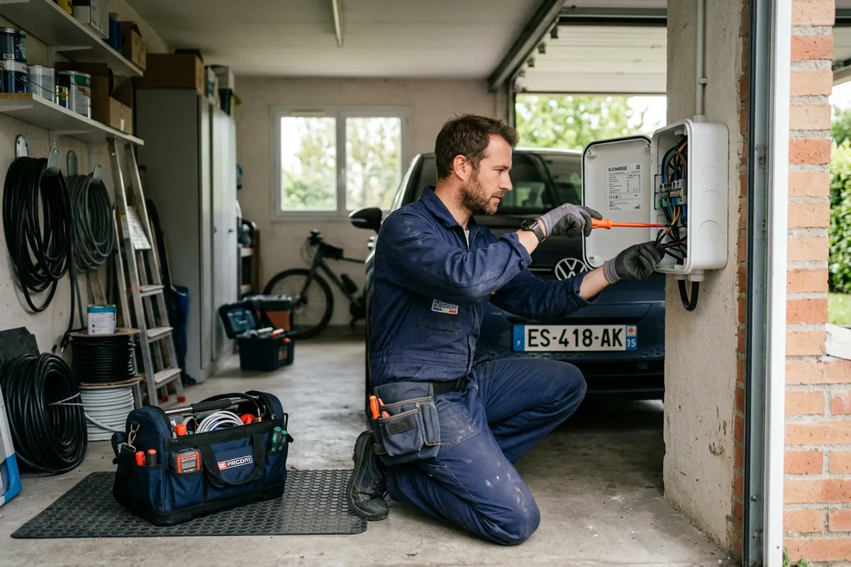 Technicien réalisant l'installation borne de recharge dans un garage résidentiel à Sagy.